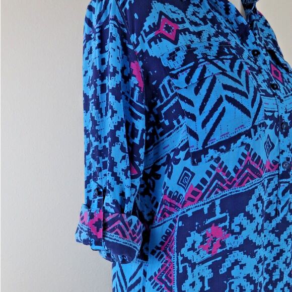 Tori Richard Size 2 Silk Popover Dress Long Sleeve Geometric Blue Pink - Picture 8 of 10
